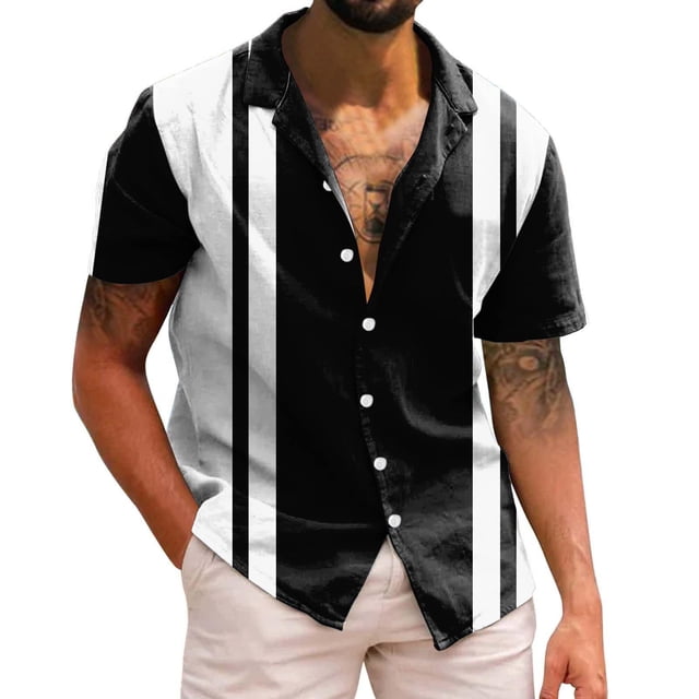 camisas y s hombres casual manga corta primavera verano turndown neck 3d impreso camisas moda top blusa camisas (black, m) camisa negra de manga corta cuello turndown con botones blancos, vista frontal centrada; paneles verticales impresos blancos en los costados y franjas negras centrales, confeccionada en poliéster según la ficha, silueta recta; modelo con manos en los bolsillos sobre fondo blanco. También apta como playera casual para salidas diurnas.