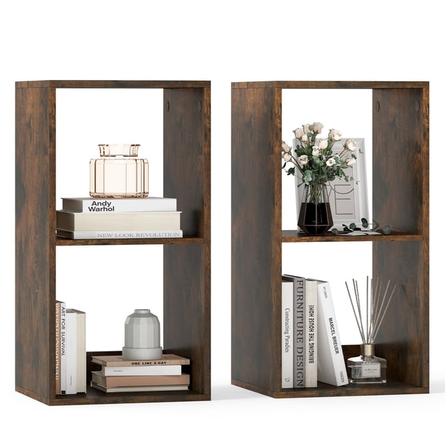 Gymax 2PCS 2-Cube Bookcase w/ Anti-tip Kit 2-Tier Open Back Bookshelf for Bedroom Brown