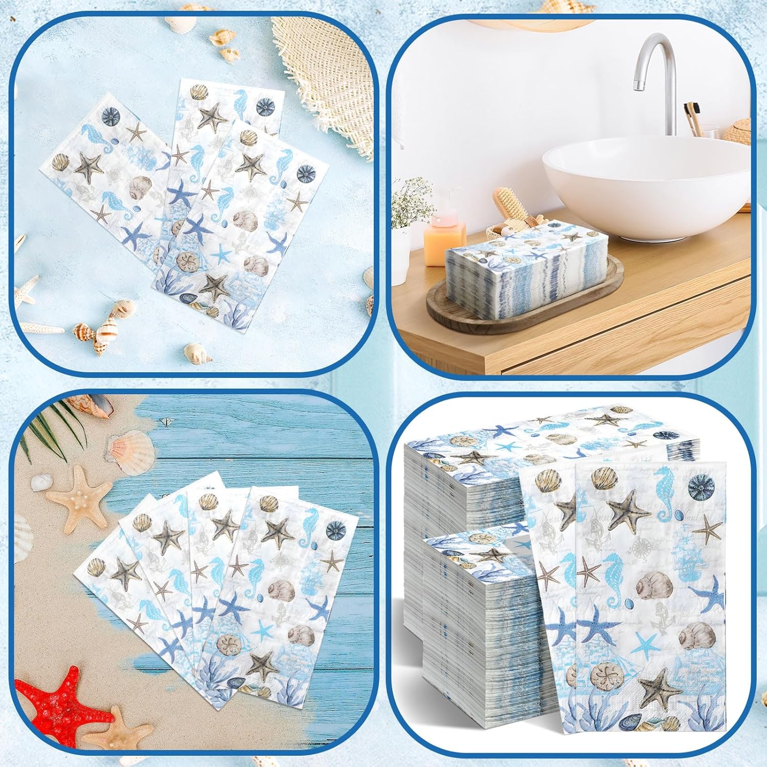 200 Pieces Sea Paper Napkins Summer Paper Guest Towels for Bathroom Decorative Sea Blue Starfish Disposable Guests Paper Napkins Nautical Coastal Hand Towels for Bathroom Wedding Dinner Party