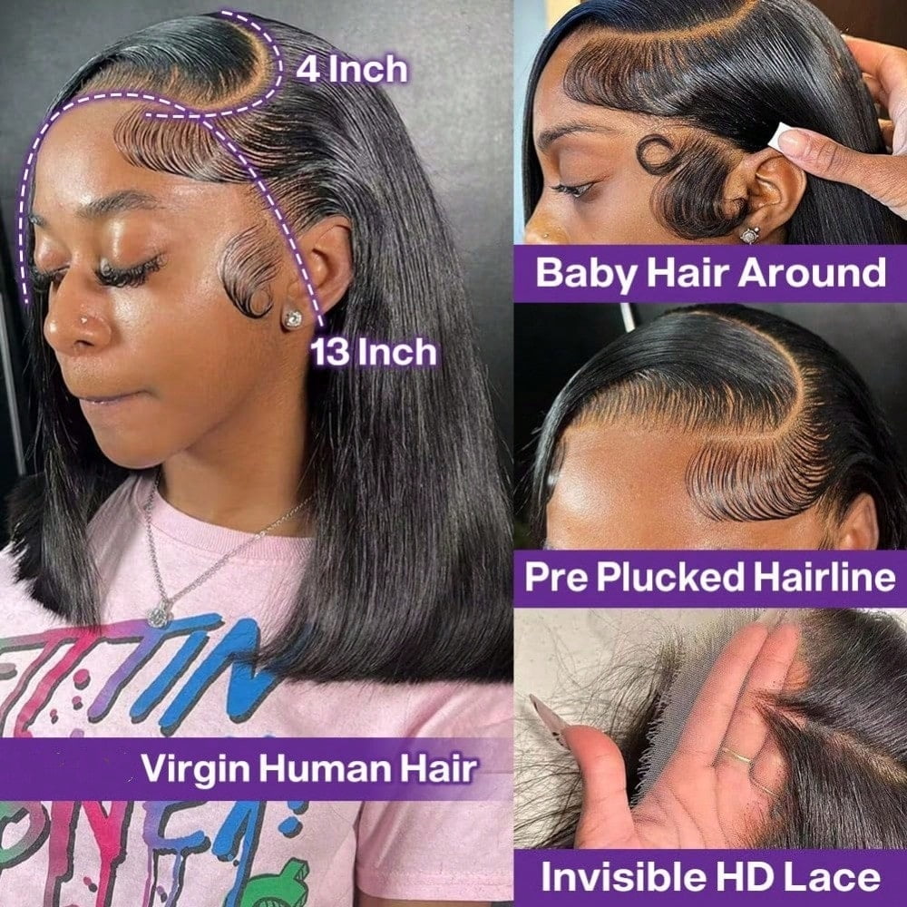 13x4 Lace Front Wigs Human Hair Straight Bob  Human Hair Wigs Natural Black Color Brazilian Virgin Real Human Hair Wigs Extensions
