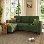 LINSY HOME L Shaped Sectional Couches for Living Room, Sleeper Sofa Bed with Reversible Storage Chaise, Pull Out Couch Bed with USB, Cup Holder, Dark Green