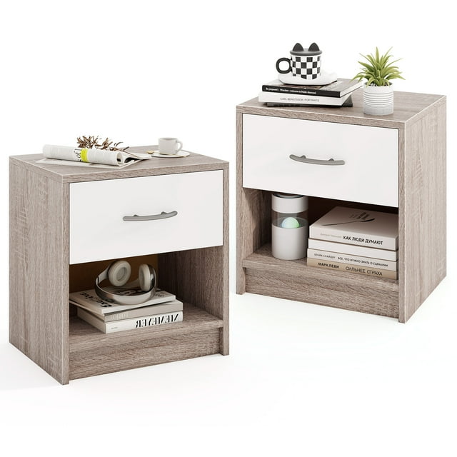 Gymax 2 PCS Nightstand w/ Drawer Side Table w/ Slide-out Drawer Open Storage Shelf Light Gray & White