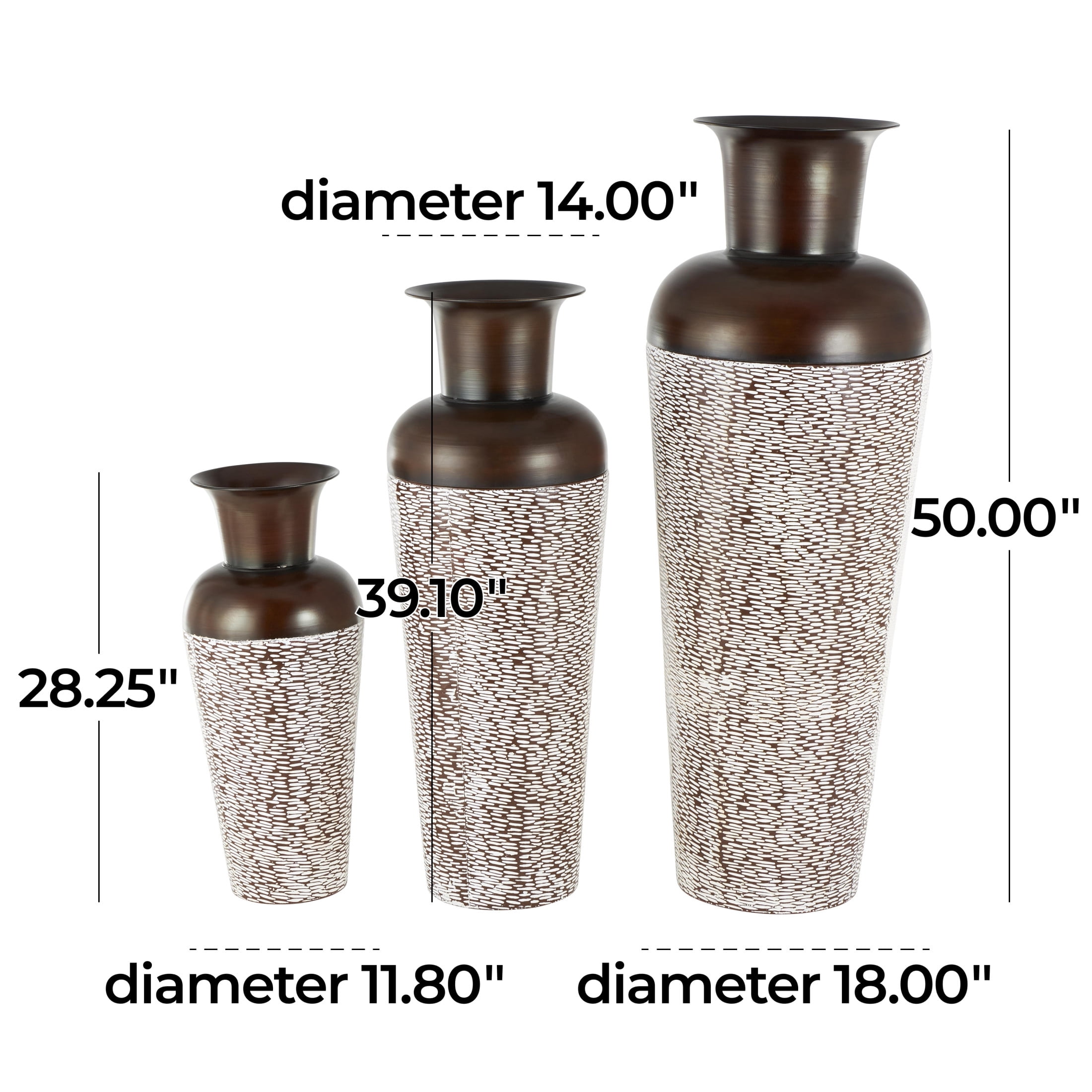 DecMode 18", 39", 28"H Tall Tapered Floor White Metal Vase with Brown Trumpet Tops, Set of 3
