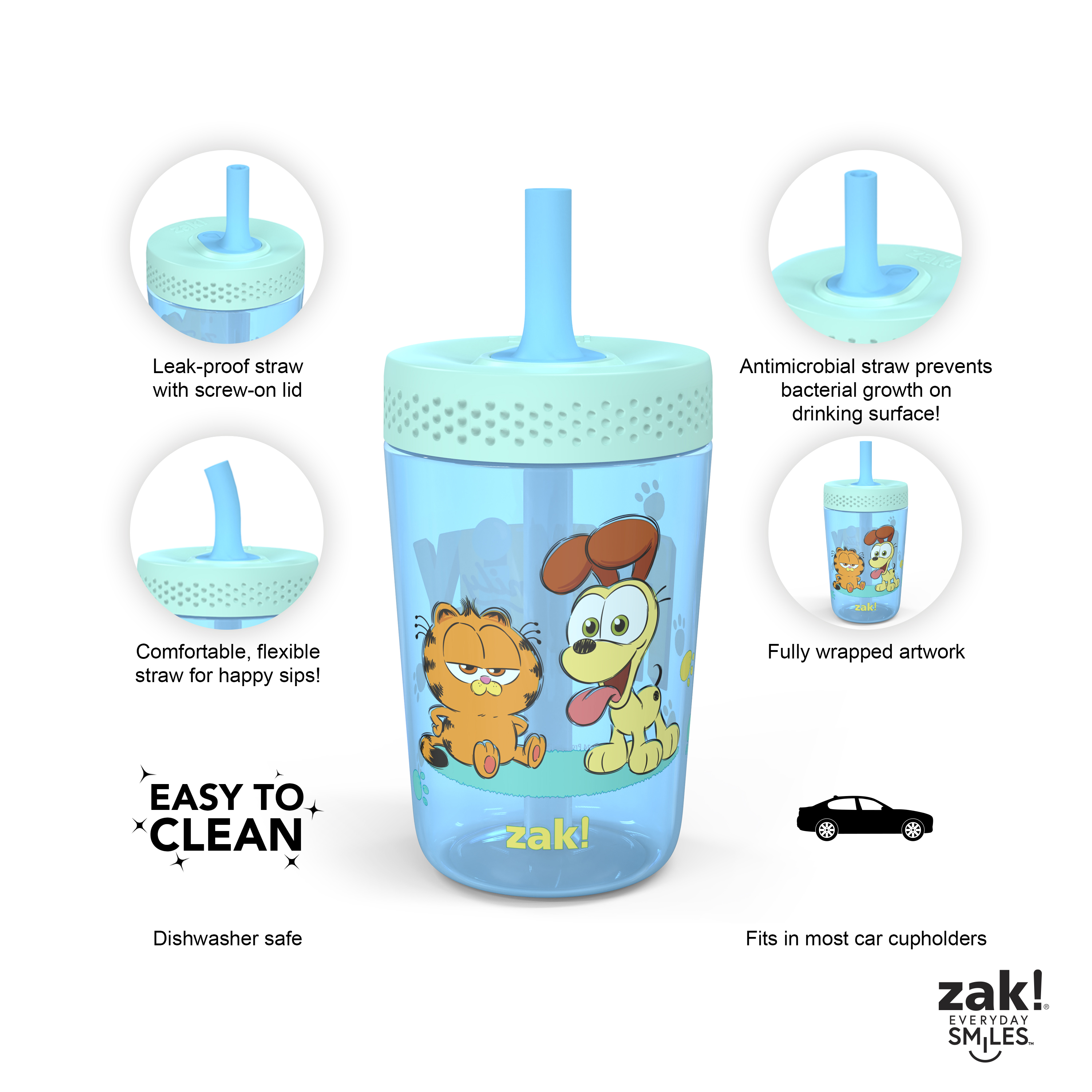 (2 pack) Zak Designs 15oz Garfield Kids Straw Tumbler, Durable Plastic Capri Tumbler with Silicone Straw Utilizing Leak-Proof Valve, Travel Straw Tumbler