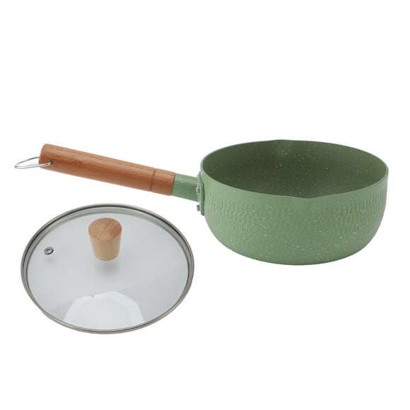 Wooden Handle Milk Pot Aluminum Alloy Multifunctional Flat Bottomed Noodle Sauce Pan for Home Kitchen Restaurant Green with Lid