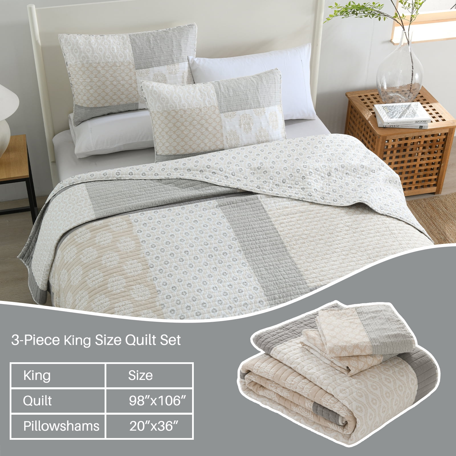 Bedduvit Beige Gray King Size Quilt - 100% Organic Cotton Floral Real-Patchwork Plaid Reversible Quilted Bedspread for King Size Bed, Modern Farmhouse Lightweight All-Season 3-Piece Comforter Set