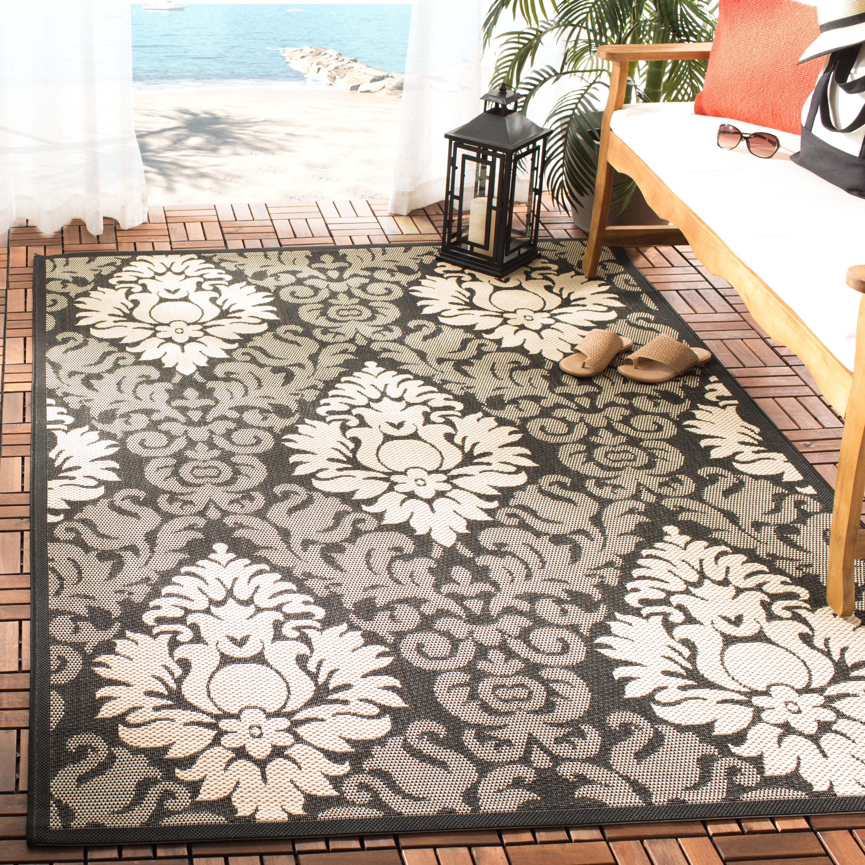 Safavieh Courtyard Jessie Damask Indoor/Outdoor Area Rug, Black/Sand, 7'10" x 7'10" Square
