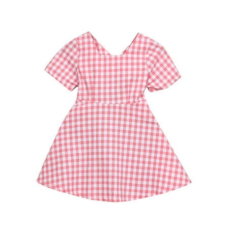 

Livingsenburg Kid Girl Clothes Sweet Plaid Backless Bow Children Princess Dress