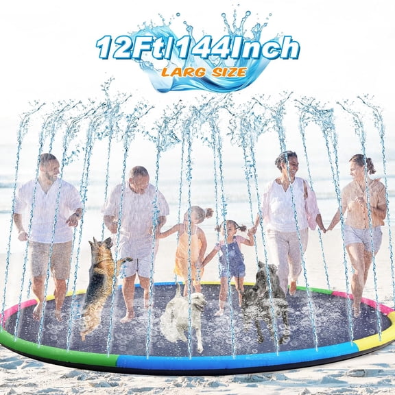 12 ft Extra Large Non Slip Splash Pad 144" for Adult and Dog Giant Thicken Sprinkler Pool Summer Outdoor Fun Backyard Fountain Mat for Pet Dog(Cute Style)