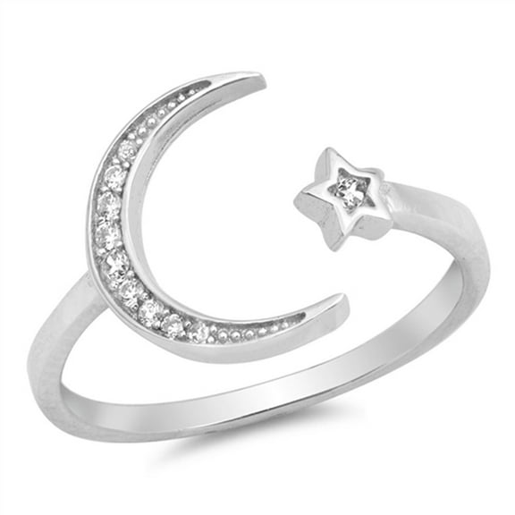 Open Moon Star Mystic Silver Sterling Silver Band White Cubic Zirconia 925 Jewelry Female Size 5