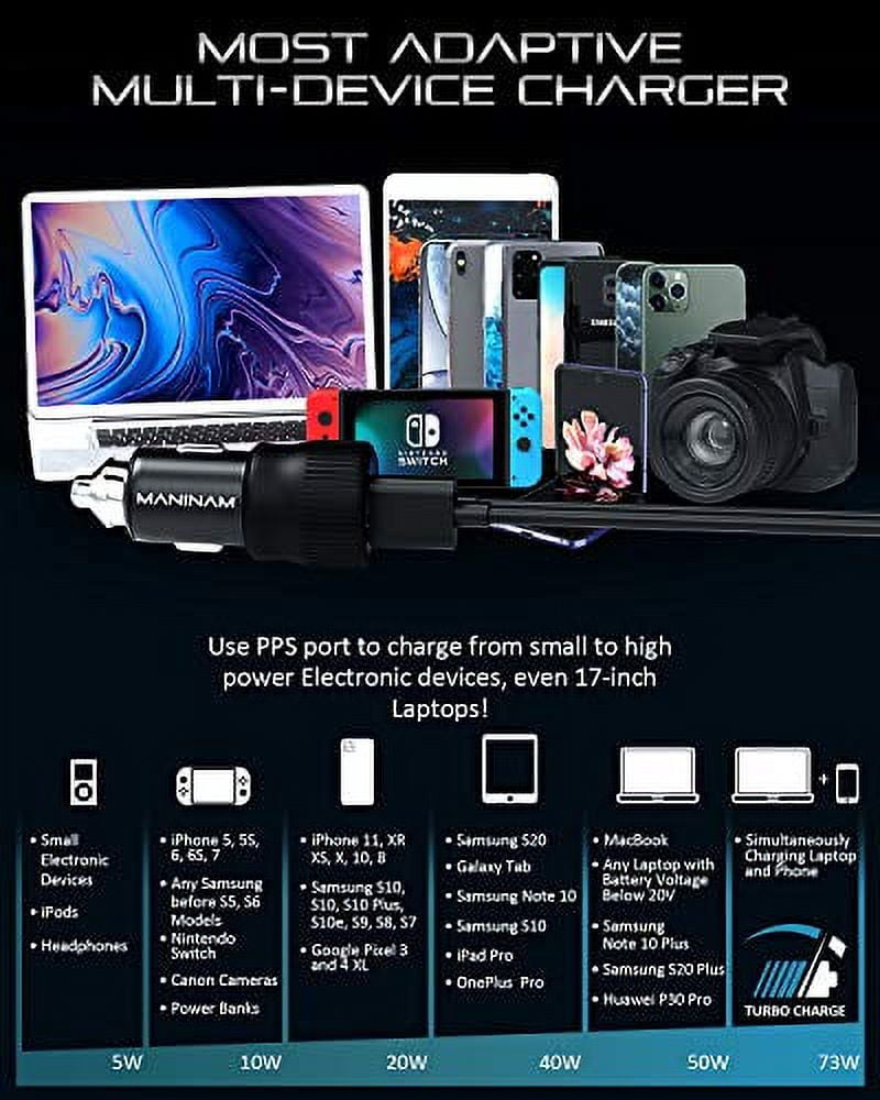 MANINAM Metal Adaptive USB C Car Charger, [73W Turbo] Pro 55W PPS Car Charger Adapter [Super Fast Charging 2.0] for Samsung S20 Ultra Note 20 10 Plus iPhone 12 11 MacBook Pro Laptops Any USB C Devices