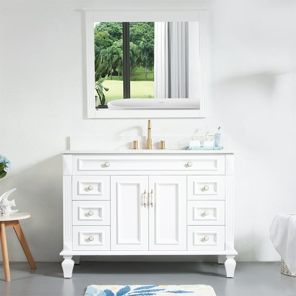 48'' Single Sink Solid Wood Bathroom Vanity Carrara White Quartz Countertop With Wall Mirror