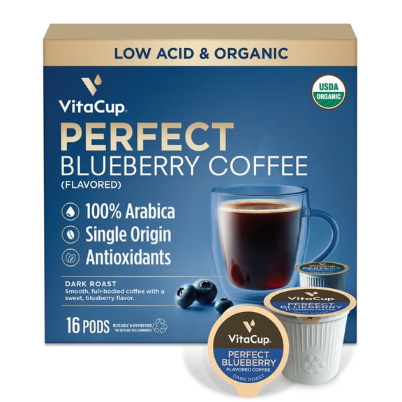 VitaCup Perfect Blueberry Flavored Low Acid Coffee Pods, Single Serve Pods Compatible with Keurig K-Cup Brewers, 16 Ct