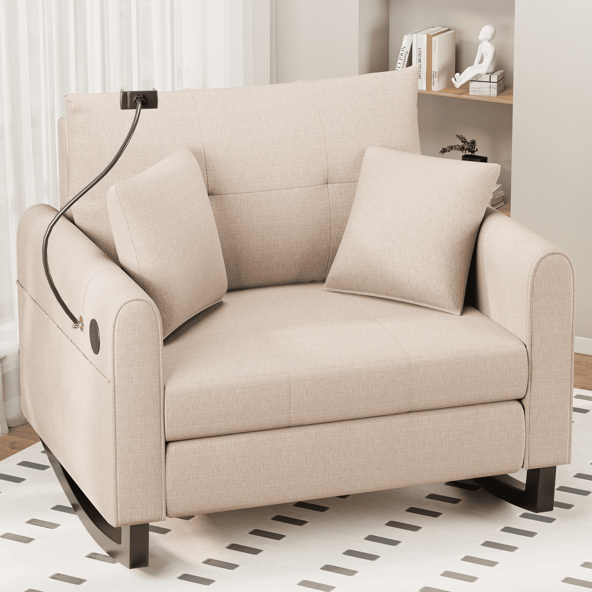 HOMREST Adult Double Wide Rocker Glider with Phone Handle and USB, Beige