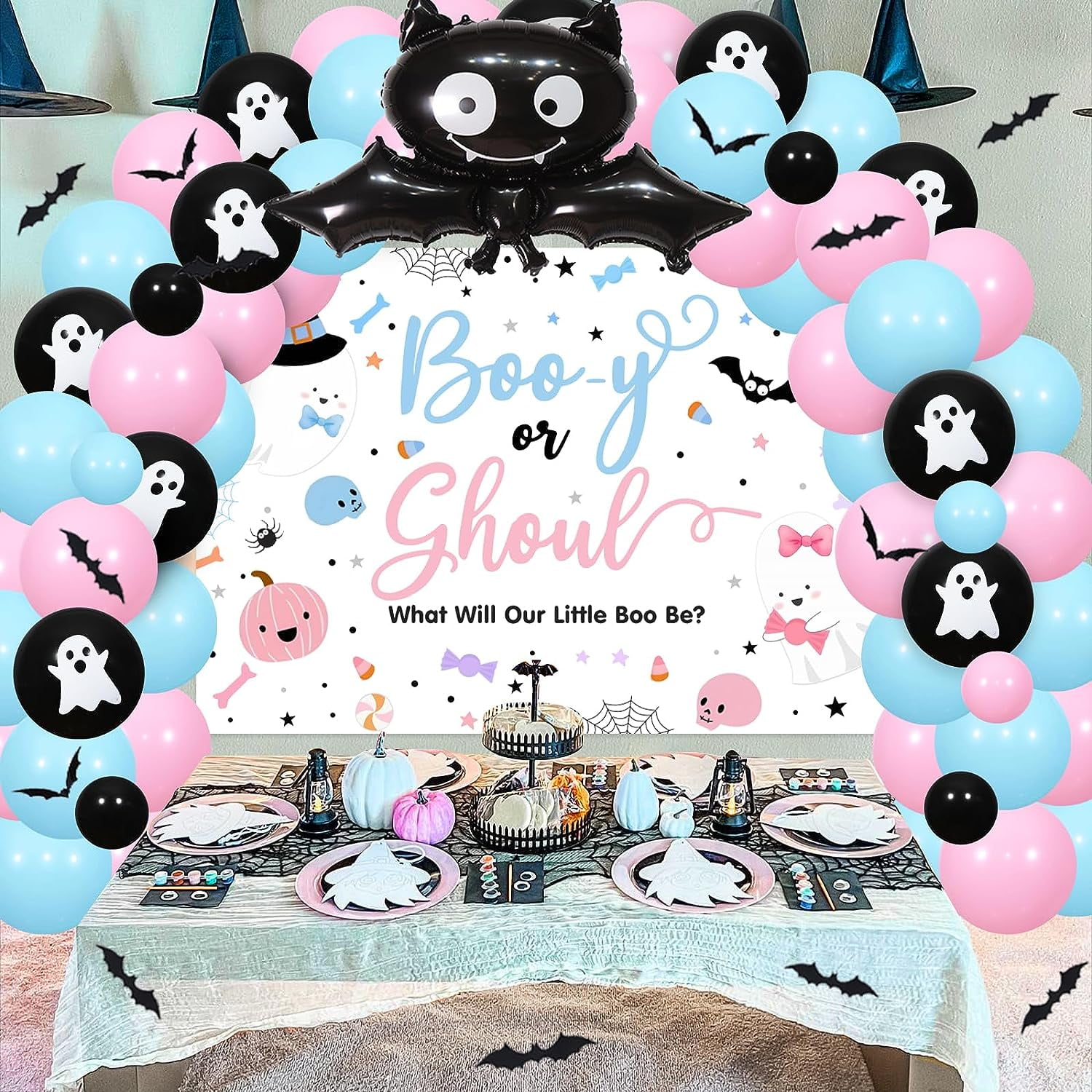 Halloween Gender Reveal Decorations, Boo-y or Ghoul Gender Reveal Backdrop Balloon Garland Arch Kit Bat Stickers for Halloween Spooky Ghost Pumpkin Baby Shower Little Boo Party Supplies
