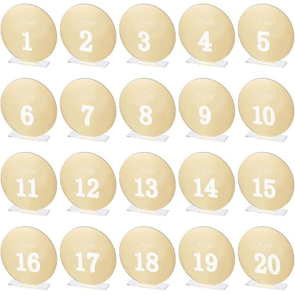 20 Pcs Acrylic Table Numbers 1~20 Gold Mirror Wedding Table Numbers with Stands Mirror Signage Board Number Sign Gold Table Numbers with Holders for DIY handcrafting
