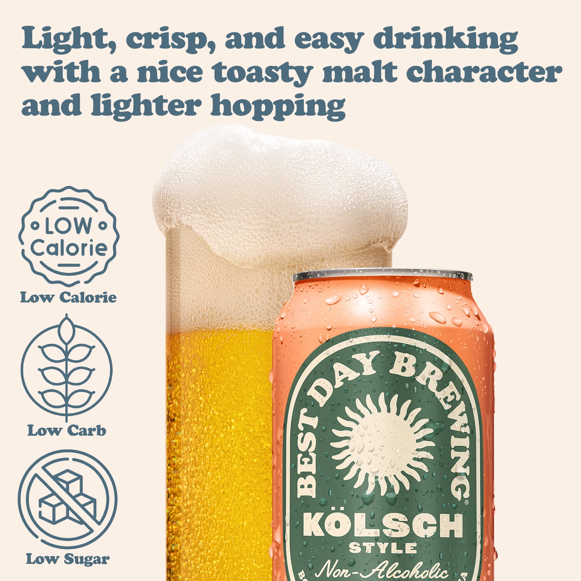 Best Day Brewing Non-Alcoholic Beer, Kölsch, 12 fl oz Cans, Pack of 12, below 0.5% ABV