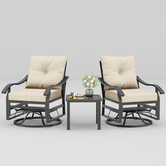 Outdoor Patio Swivel Rocking Chairs Set of 2 with Navy Cushions and Coffee Table, Comfortable Metal Garden Porch Backyard Furniture