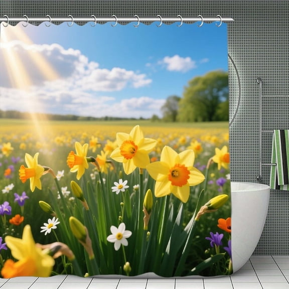 Beautiful Yellow Daffodils Print Shower Curtain,Modern Fabric Waterproof Shower Curtain Set with Hooks 70.8×70.8Inch (180×180cm)