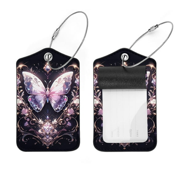 RATGDN PU Leather Crystal Pink Butterfly Luggage Tags, Includes Address Card, 2Pcs
