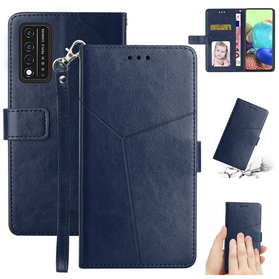 SaniMore PU Leather Wallet Case for T-Mobile REVVL 6 Pro 5G (6.3" 2023), Shockproof Buffer Wrist Strap[Romoveable] Kickstand Card Slots Cash Pocket Anti-scratch Full-protective Shell, Blue