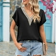 thumbnail image 5 of Women's Lace Crochet Trim V Neck Short Sleeve Shirt Colorblock Blouse Top Summer Casual Comfy Tunics Loose Fit Tshirts, 5 of 7