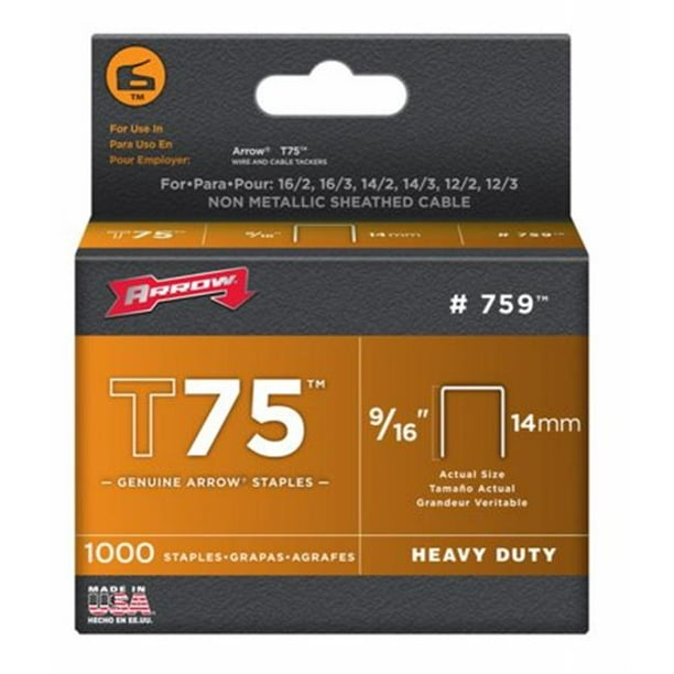 Arrow 9/16Inch T75 Tacker Staples, 1000 Count