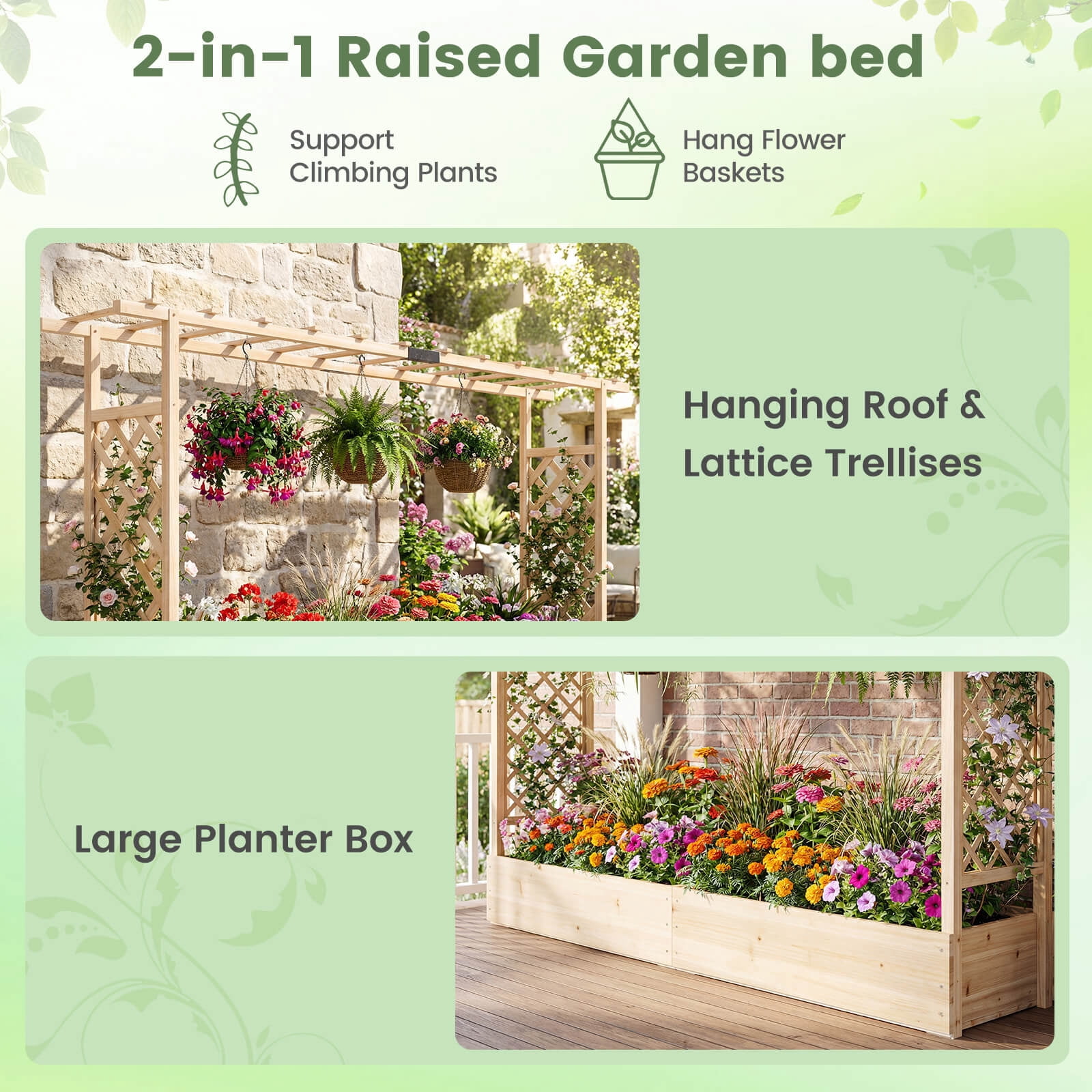 Costway 1 PCS Wooden Raised Garden Bed with Trellis & Hanging Roof, Drainage Holes for Flowers Natural