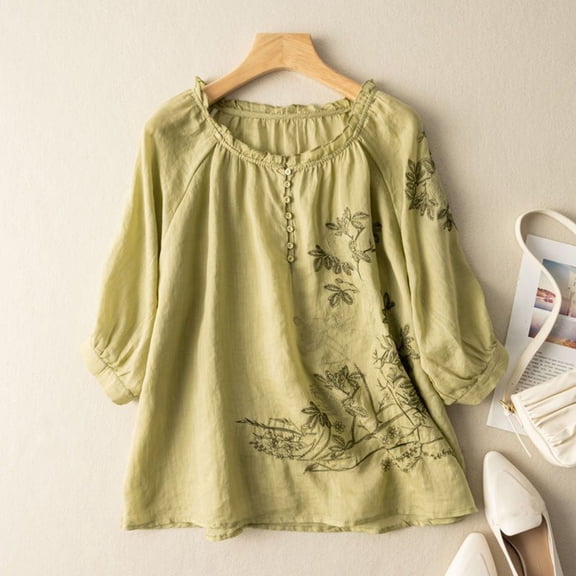 thefmos Women Plus Size Fall Round Neck 3/4 Sleeve Flowy Embroidery Boho Casual Loose Blouse Pullover Tops, Green 2XL
