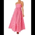 thumbnail image 1 of Robe Maxi à Rayures pour Femmes, Dos Smocké, Bretelles Spaghetti, Découpée, Fluide, Longue, Rouge Melon D\'eau L, 1 of 10
