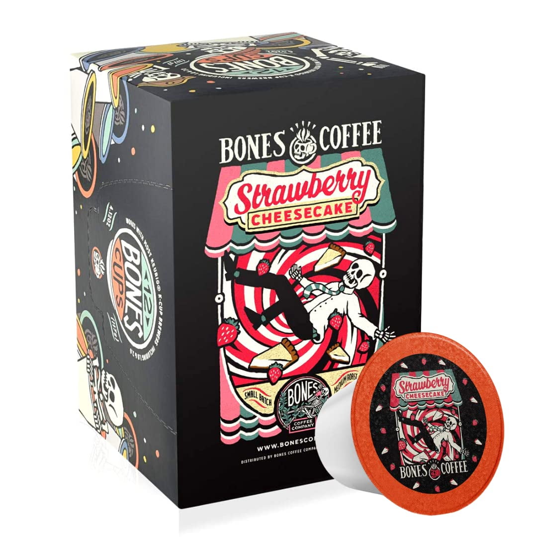 Bones Coffee Medium Roast K cups 12 ct. Single Serve Strawberry Cheesecake Flavored Coffee