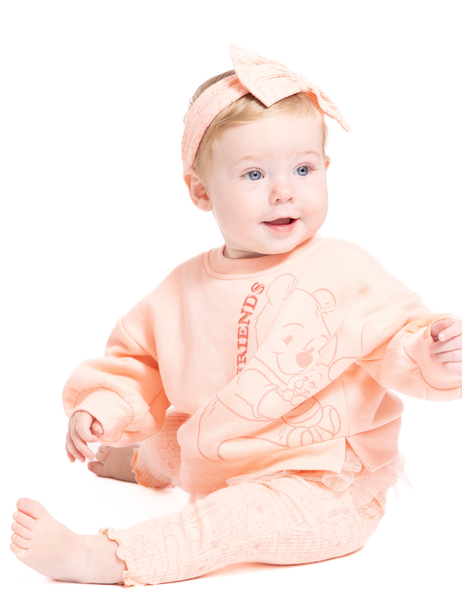 Winnie the Pooh Baby Girls Graphic Tulle Sweatshirt and Printed Leggings with Bow Headband Set, 3-Piece, Sizes 0/3M-24M
