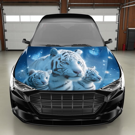 Mighty White Tigers& Fluttering Butterflies Car Hood Vinyl Wrap Sticker- Waterproof Self-Adhesive Auto Exterior Protective Cover, Fit for Cars, Trucks, SUVs- Durable Weather-Resistant Decoration, Gif