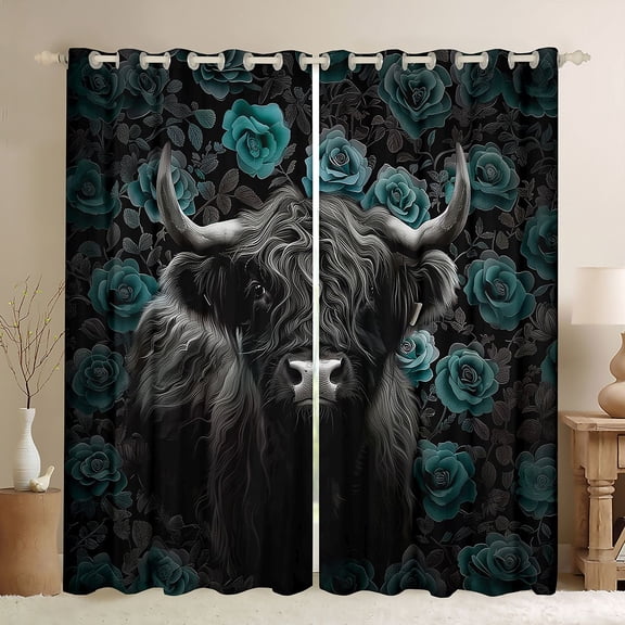 Manfei Black Highland Cow Black Out Curtains,Country Farmhouse Lodge Curtains Pack of 2 (42x63 Each),Blue Flower Floral Bedroom Curtains For Adults,Super Cozy Room Decor