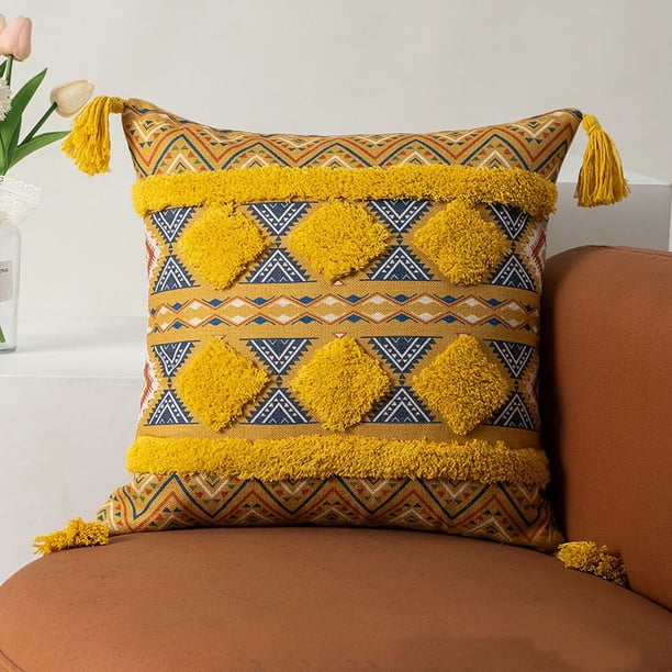 Xiao Hua Funda de cojín decorativa bohemia con borlas, de lona de algodón, acogedora y bohemia, con borlas, para decoración del hogar, 43 x 43 cm, color amarillo