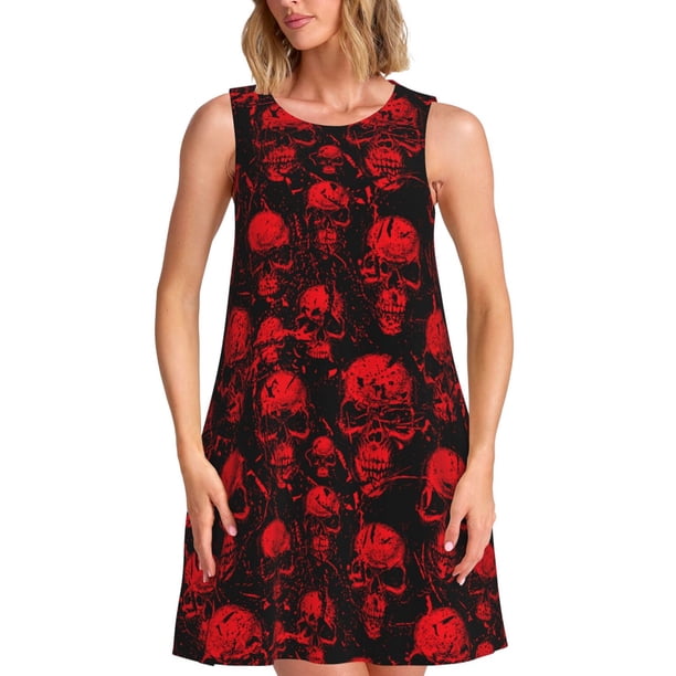 Fotbe Red Skulls Vestido de Verano sin Mangas para Mujer – Vestido Midi Línea A, Estilo Camiseta Floral, Vestido Playero Casual y Fluido