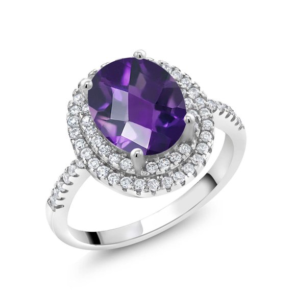 Gem Stone King 925 Sterling Silver Halo Engagement Ring Oval Checkerboard Purple Amethyst and Moissanite (1.93 Cttw) | Size 7