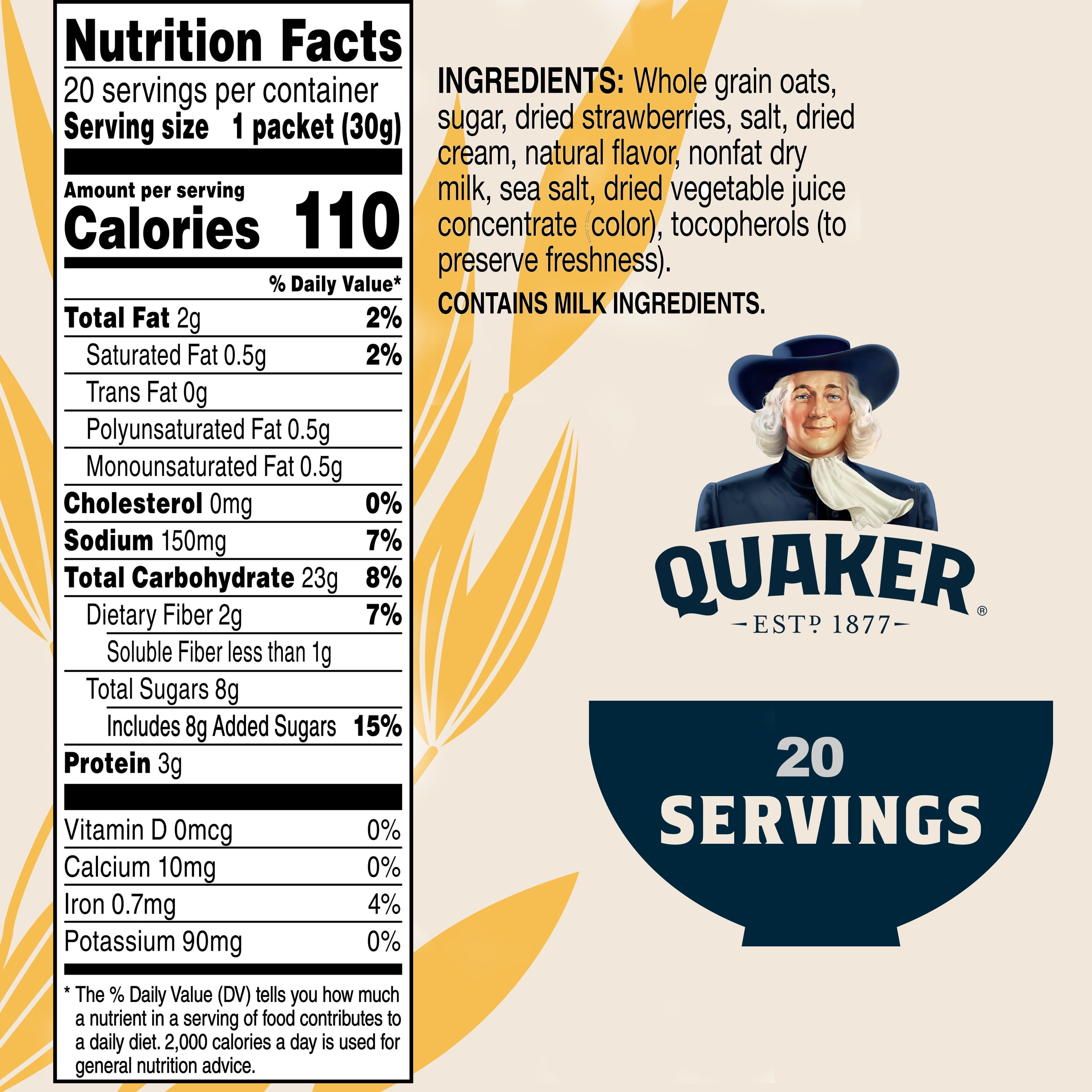 Quaker, Instant Oatmeal, Strawberry & Cream, 1.1 oz, 20 Packets
