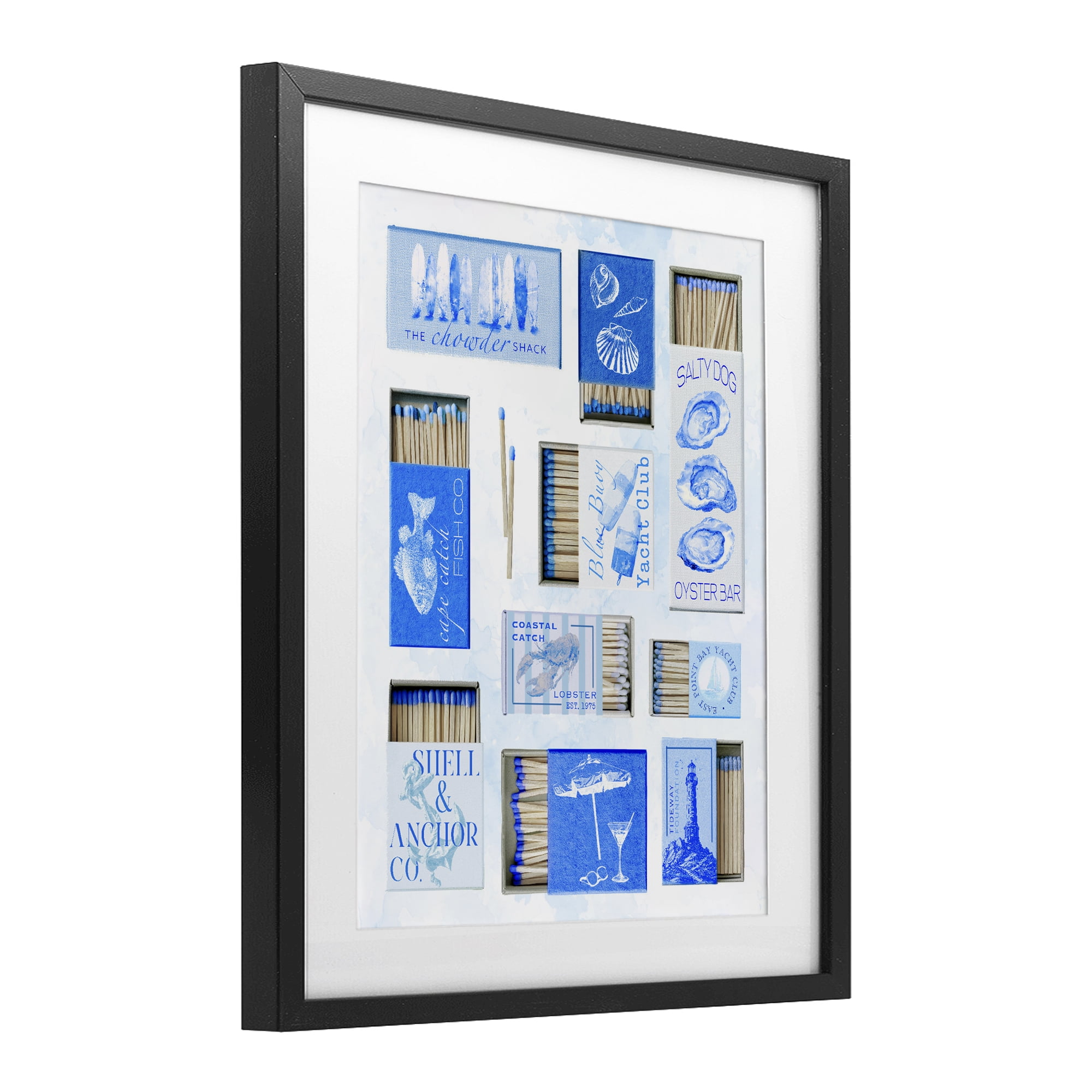 Blue Coastal Matchboxes Black Framed Print Under Glass, design by Ziwei Li
