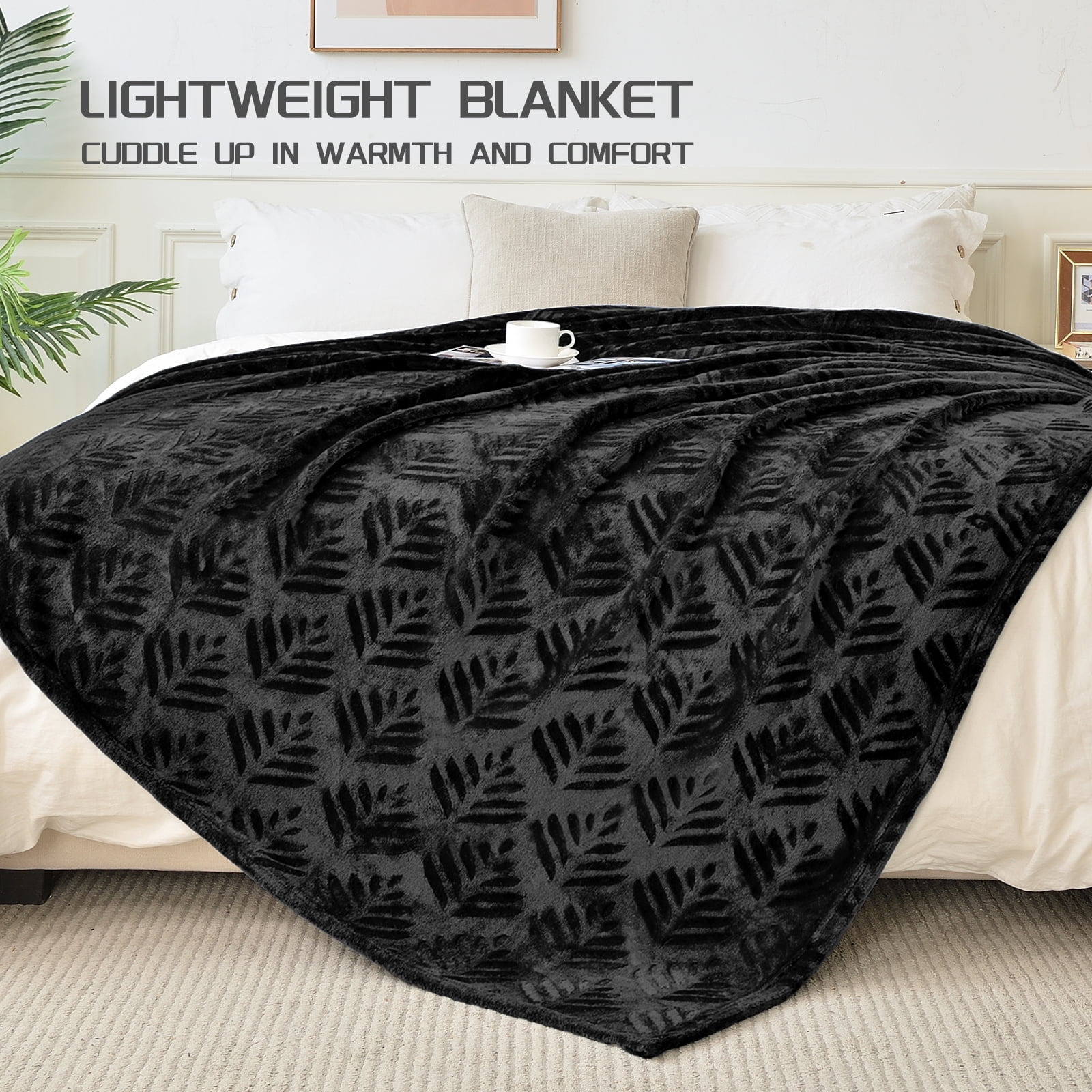 Exclusivo Mezcla King Size Fleece Blanket for Bed, Leaves Pattern Super Soft and Cozy Blankets, Plush Fuzzy Lightweight, Black, 90"x104"
