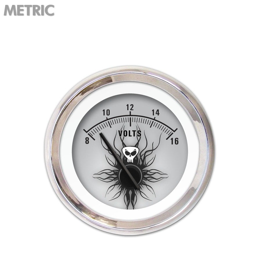 Volt Gauge Metric Skull Series, Black Modern Needles, Chrome Trim