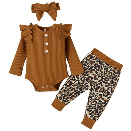 

Dooleck Baby Girls Pit Strip Outfit Ruffle Long Sleeve With Buttons Newborn Floral Print Pants Headbands Outfits