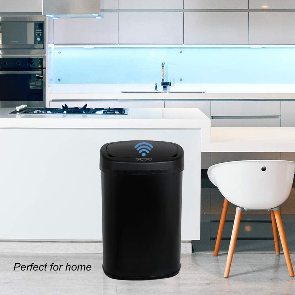 Touch Free 13 Gallon Stainless Steel Automatic Sensor Trash Can No Touch Garbage Can Kitchen Waste Bin High-Capacity Bathroom Trash Can with Lid for Home Bedroom Office,Powered by Battery,Black