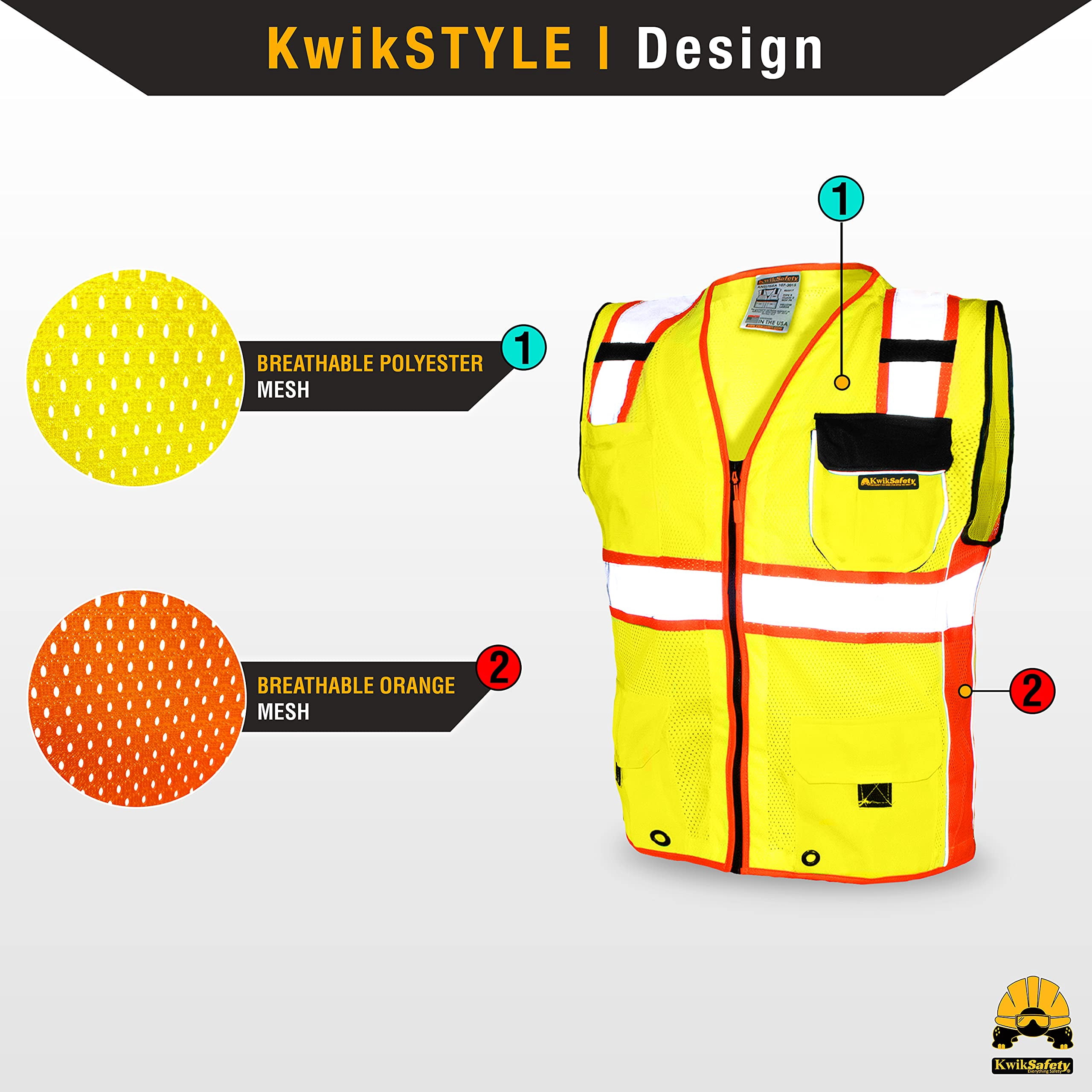 KwikSafety (Charlotte, NC) CLASSIC SUPREME Safety Vest (10 Pockets) Class 2 ANSI OSHA High Visibility Reflective Heavy Duty Mesh Zipper Hi Vis Construction Work HiViz | Yellow Black Orange Small
