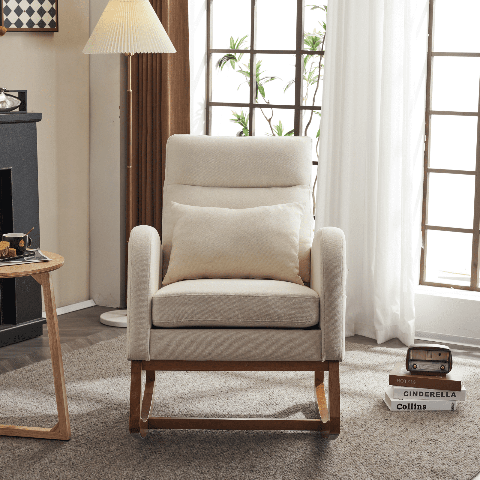 UBesGoo Rocking Accent Chair Armchair Reading Chair, Comfy Single Sofa Rocker with Sturdy Wooden Frame for Living Room Bedroom Beige