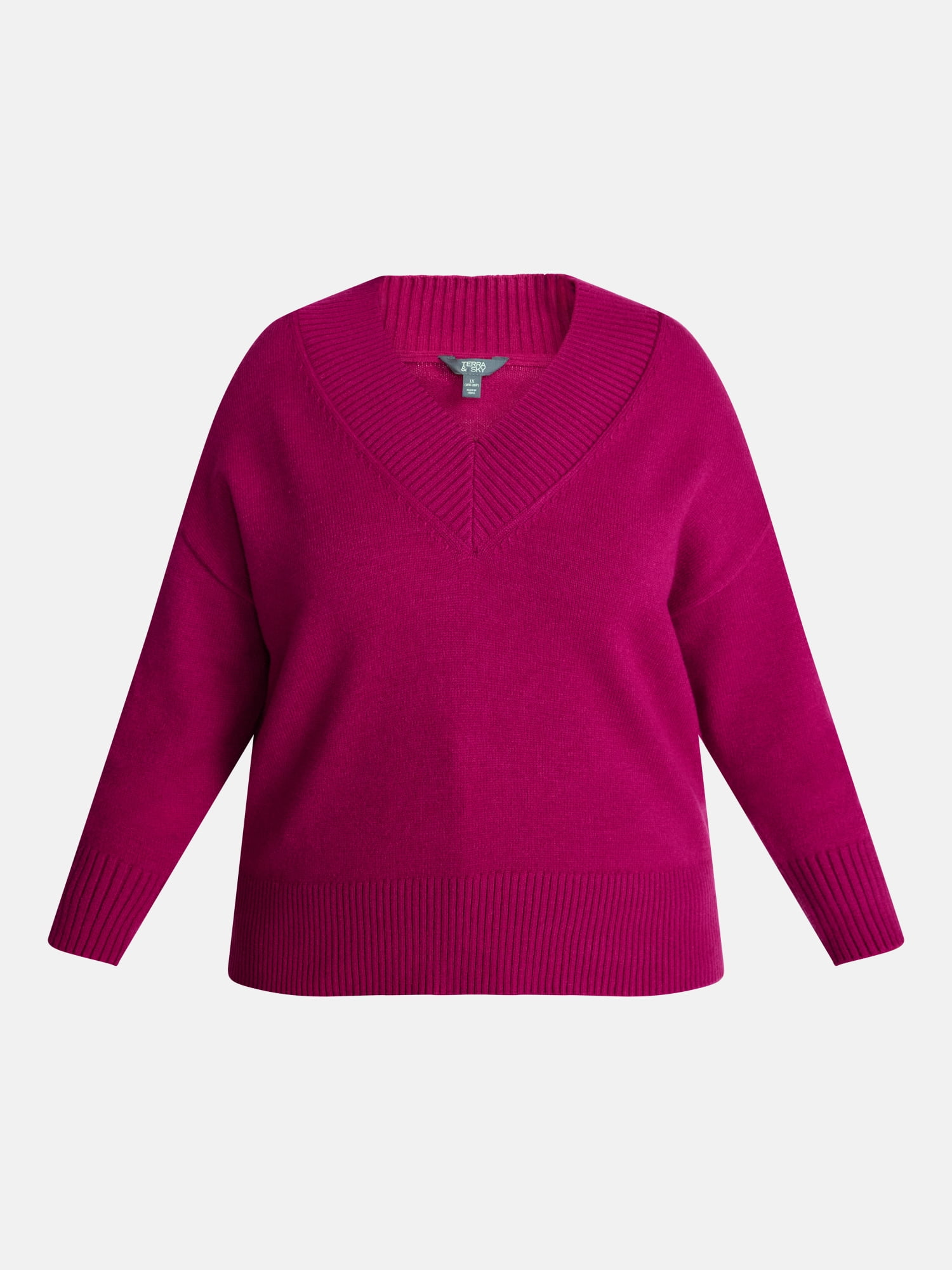 Terra & Sky Women's Plus Deep V-Neck Sweater with Long Sleeves, Midweight, Sizes 0X-5X