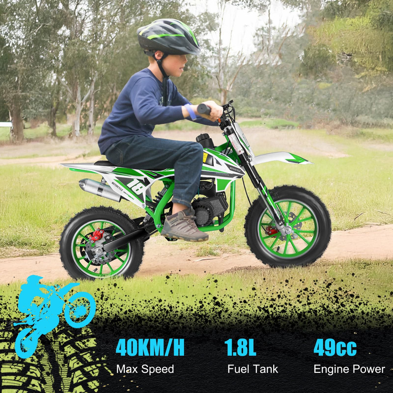 49cc 2-Stroke Dirt Bike Gas for Kids | Mini Bike | Pocket Motor & Power Motorcycle | Off-Road Moto | Front Rear Disc Brakes | Inverted Hydraulic Shock Absorption | Easy Pull Start | Birthdasy Gifts