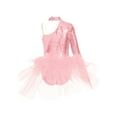 thumbnail image 2 of TSSOE Kids Girls Sequin Ballet Dance Dress One Shoulder Long Sleeve Gymnastic Leotard Jazz Cha Cha Ballroom Costume Pink 12, 2 of 5
