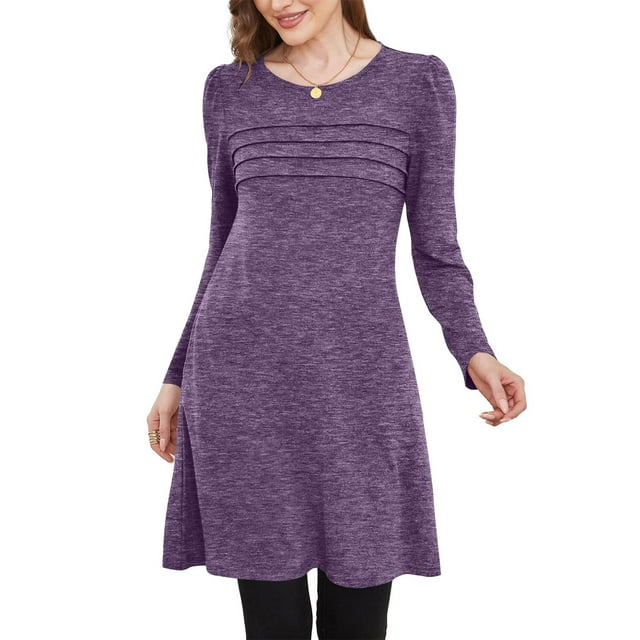 Women's Casual Solid Round Neck Long Sleeve Fold Dress - Polyester Summer Spring Daily Wear
