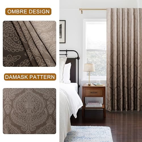 Hiasan Back Tab Ombre Blackout Curtains for Bedroom - 96 inches Length Elegant Damask Design Tieable Window Drapes Thermal Insulted Light Blocking Curtains for Living Room, 2 Panels, W52 x L96, Brown